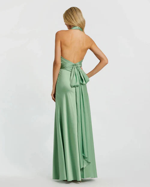 Robe Weitese élégante en satin vert menthe, dos nu croisé, avec taille froncée, robe de bal au charme rayonnant